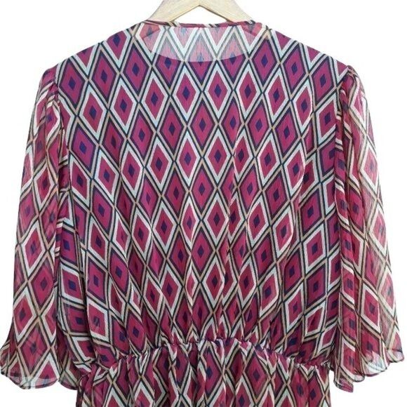 Badgley Mischka Mod Ikat‎ Sheer Kimono Sleeve Beaded V-neck Cinched Top Red Sz L - Picture 11 of 16